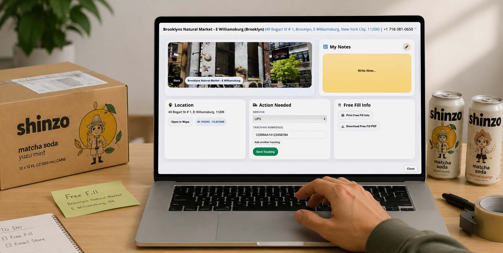 Action Needed tracking form with UPS selected and Save Tracking button.
